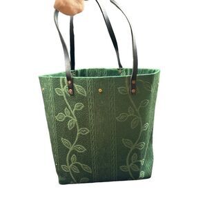 Green Tote Bag With Leaf Embroidery & Black Leather Straps